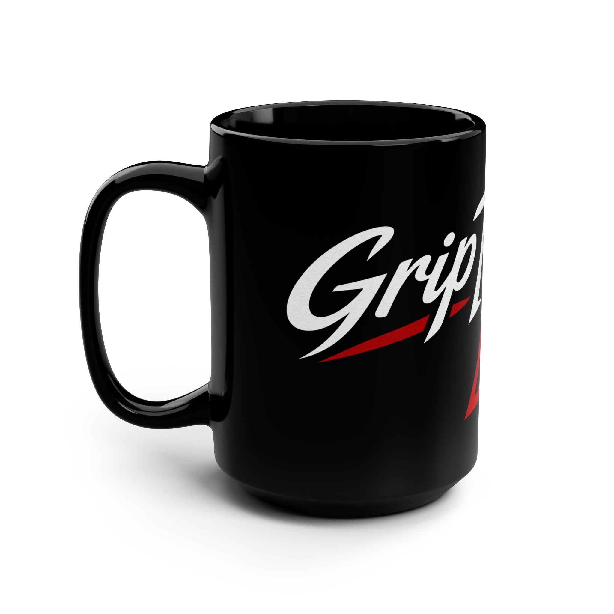 Black 15oz Coffee Mug — 'Grip Theory' Script Logo Design