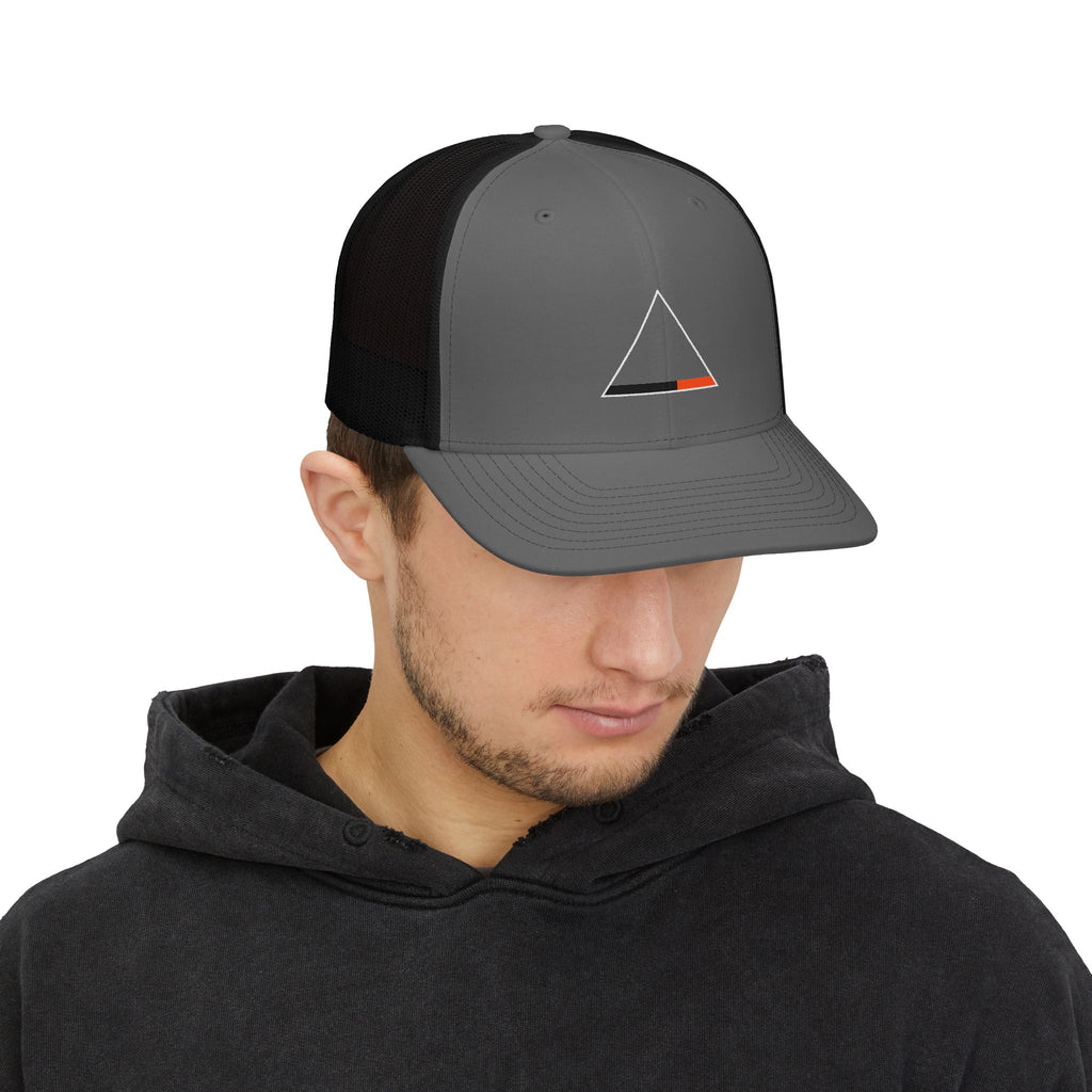 Triangle Minimalist Trucker Cap — Geometric Snapback Hat with Orange Accent